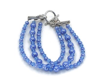 Blue 3 Strand Pearl And Crystal Bracelet