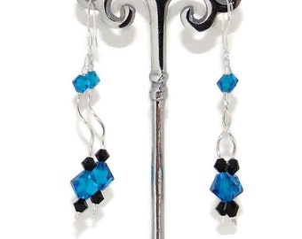 Blue And Black Sterling Silver Spiral Earrings With Crystals By Swarovski