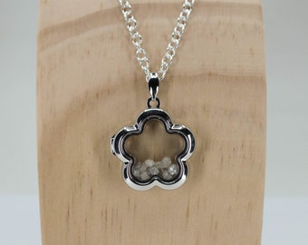 Sterling Silver Flower Locket With Raw Diamond Beads April Birthstones