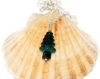 Christmas Tree Pendant On Silver Chain With Crystals By Swarovski