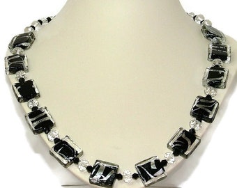 Black And Silver Beaded Necklace With Square Beads And S-Clasp