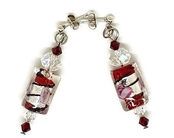 Red And Silver Earrings With  Lampwork Beads And  Crystals By Swarovski