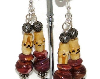 Brown Cream Earrings With Wood And Metal Beads Upcycled Eco
