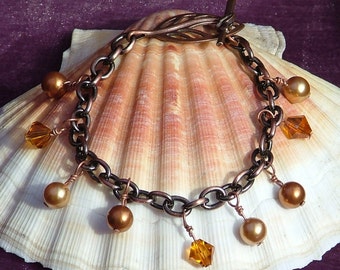 Copper Charm Bracelet With Crystals By Swaroski In Autumn Shades