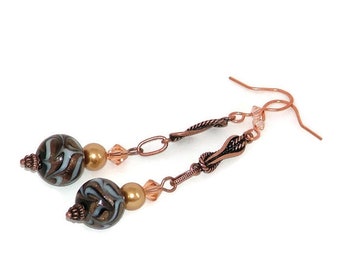 Foiled Glass And Copper Dangle Earrings With Crystals By Swarovski