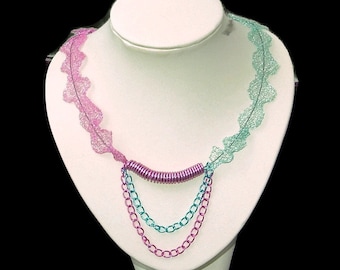 Pink And Blue Chain And Knitted Wire Necklace