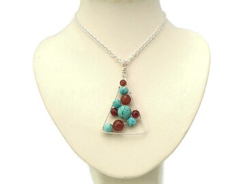 Sterling Silver 925 Triangle Pendant With Strawberry Quartz And Turquoise Magnesite Beads