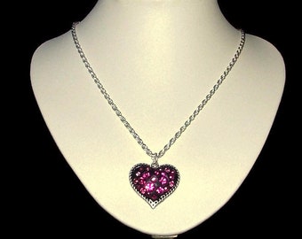 Heart Shaped Silver Pendant With Pink Crystals