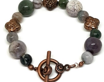 Indian Agate Beaded Bracelet With Antiqued Copper Beads And Toggle Clasp
