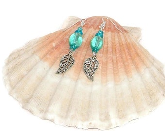 Pale Blue Beaded Earrings With Leaf Charm