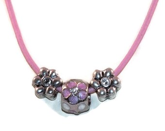Pink Cord Necklace With Silver Flower Charms