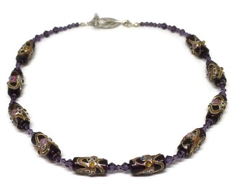 Purple multi-coloured and silver beaded necklace