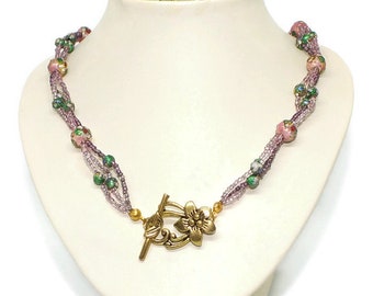 Pink Green Reversible Cloisonne 3 Strand Necklace