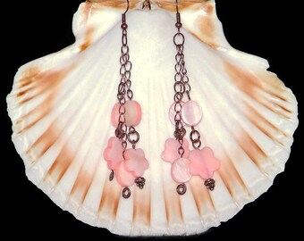 Peach mother of pearl and copper dangle earrings