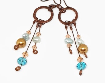 Copper Blue Peach Earrings With Pearls And Crystals By Swarovski