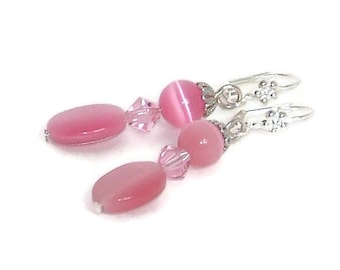 Pink Catseye Beaded Earrings With Crystals By Swarovski