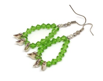 Green Tear Drop Earrings With Silver Heart Charms