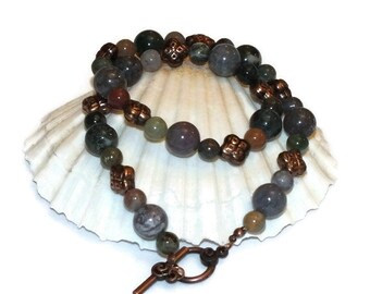 Indian Agate Beaded Necklace With Copper Beads And Toggle Clasp