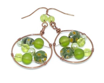 Round Circular Copper Wire Earrings With Green Glass Millefiori Beads