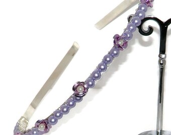 Silver Beaded Hair Band With Lilac Glass Pearls And Flowers