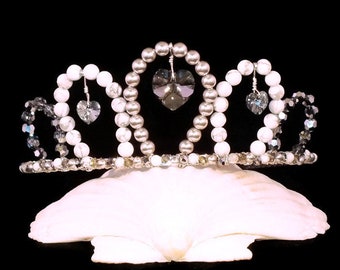 White Howlite Tiara With Crystal Hearts And Pearls By Swarovski