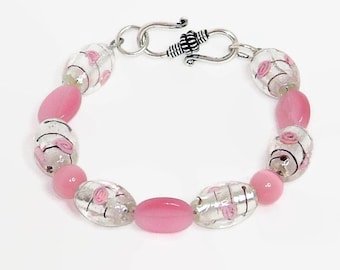 Pink And Silver Bracelet With Catseye And Lampwork Beads
