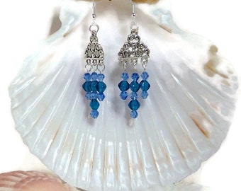 Silver And Capri Blue Chandelier Beaded Earrings