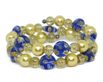 Royal Blue Floral Millefiori And Gold Beaded Wrap Bracelet