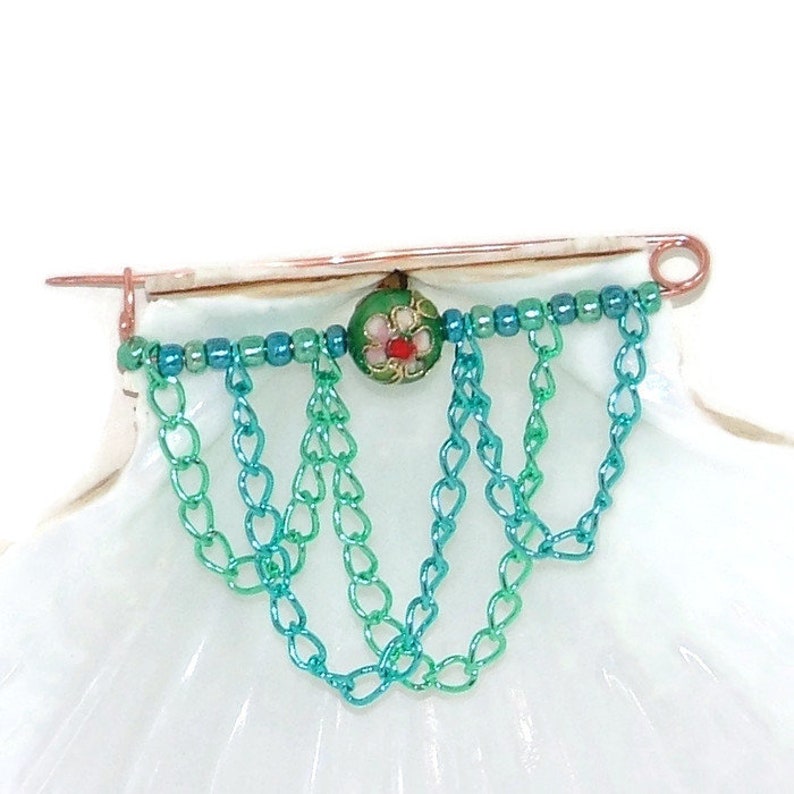 Copper cloisonne beaded kilt pin brooch with blue and green chain and metallic beads image 1