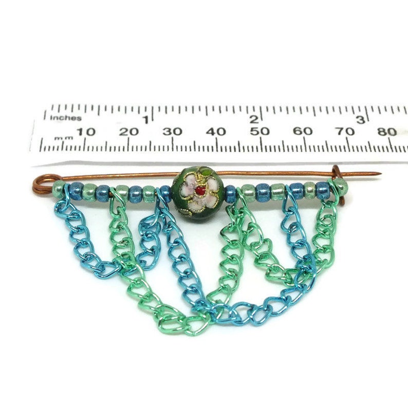 Copper cloisonne beaded kilt pin brooch with blue and green chain and metallic beads image 5