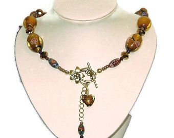 Gold Front Fastening Necklace with Murano And Lampwork Glass Beads