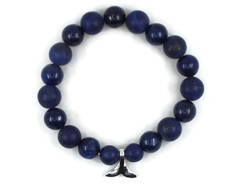 Dark Blue Lapis Lazuli Stretch Bracelet With Sterling Silver Mermaid Whale Tail