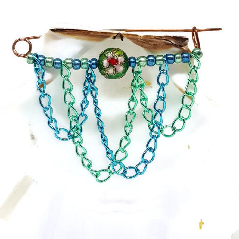 Copper cloisonne beaded kilt pin brooch with blue and green chain and metallic beads image 4