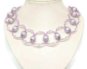 Silver Looped Necklace With Lilac Frosted Beads And Pink Chinese Crystals