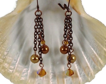 Copper Chain Beaded Earrings With Topaz Crystals By  Swarovski