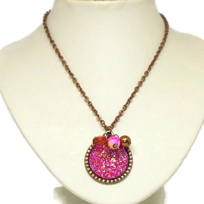 Pink Glitter Pendant With Crystal Heart By  Swarovski