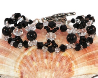 Black Beaded Cuff Bracelet With Crystals And Pearls By  Swarovski