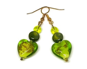 Green And Gold Heart Charm Earrings