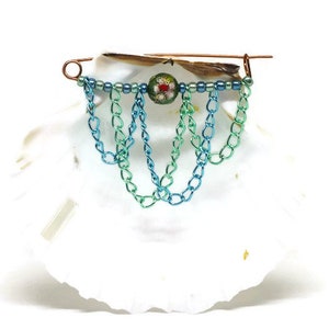 Copper cloisonne beaded kilt pin brooch with blue and green chain and metallic beads image 3