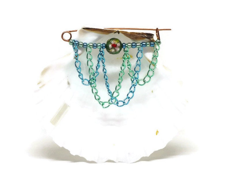 Copper cloisonne beaded kilt pin brooch with blue and green chain and metallic beads image 3