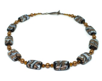 Brown White Copper Beaded Necklace With Foiled Glass Beads