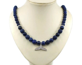 Dark Blue Lapis Lazuli Necklace With Zircon Mermaid Tail And 925 Sterling Silver