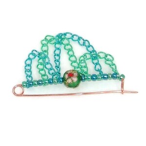 Copper cloisonne beaded kilt pin brooch with blue and green chain and metallic beads image 6