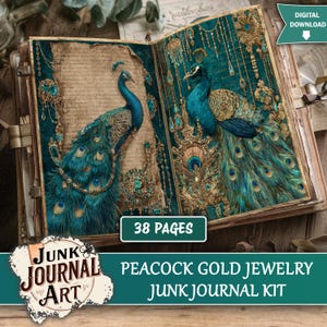 May include: Open junk journal kit with peacock and gold jewelry designs. The journal features teal and gold accents, with peacock illustrations on the pages. The cover has the text "Junk Journal Art" and "Peacock Gold Jewelry Junk Journal Kit". The journal has 38 pages.