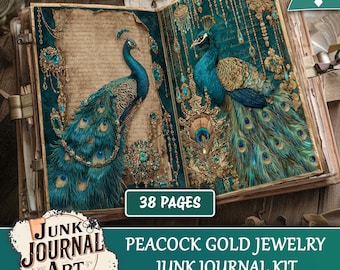 May include: Open junk journal kit with peacock and gold jewelry designs. The journal features teal and gold accents, with peacock illustrations on the pages. The cover has the text "Junk Journal Art" and "Peacock Gold Jewelry Junk Journal Kit". The journal has 38 pages.