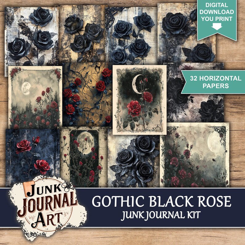 Gothic Black Rose Junk Journal Kit, Dark Floral Printable Papers ...
