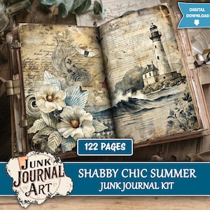 May include: Open journal with vintage-style illustrations. One page features flowers and script, the other a lighthouse scene. The journal is labeled "122 pages" and includes the text "Shabby Chic Summer Junk Journal Kit."