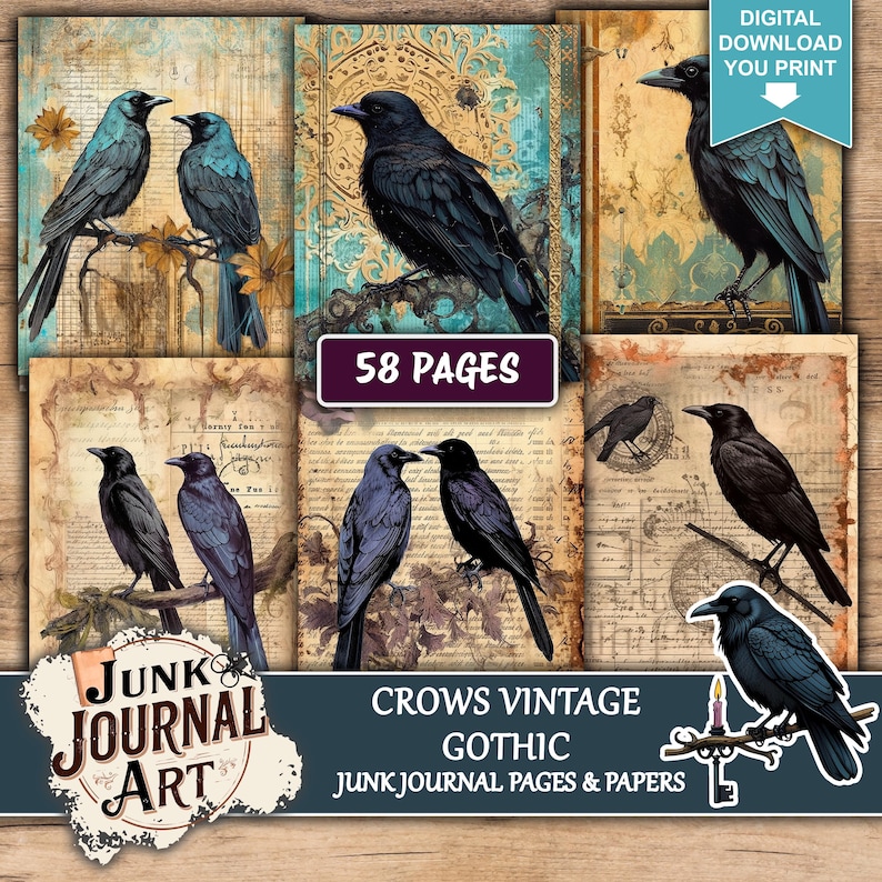 The image is a collage of vintage-style photographs featuring black crows in various poses and settings, including perched on branches, standing on the ground, and interacting with each other. The collage includes images of the crows in different poses and settings, creating a visually interesting and artistic composition.