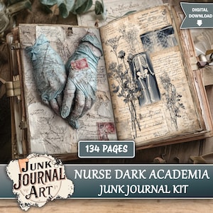 Può includere: Un diario di recupero aperto con pagine in stile vintage, con elementi a tema medico. Include guanti medici blu, illustrazioni botaniche e un'immagine di scheletro. Il diario è intitolato "Nurse Dark Academia Junk Journal Kit" e contiene 134 pagine.