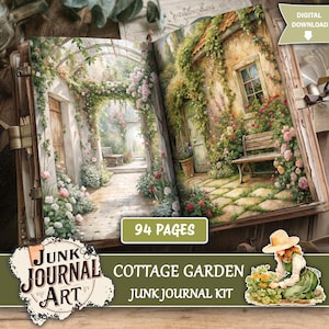 May include: Open journal with Cottage Garden illustrations. The left page shows a stone pathway with an archway covered in flowers. The right page depicts a cottage with a bench and climbing plants. The journal has 94 pages and is a digital download.